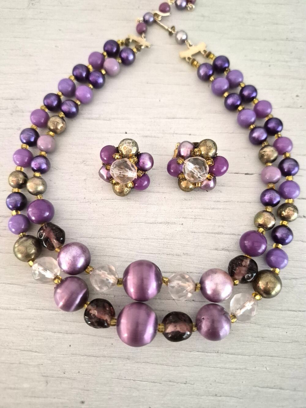 Vintage Japan Purple Acrylic Double Strand Choker Necklace and Earring Set